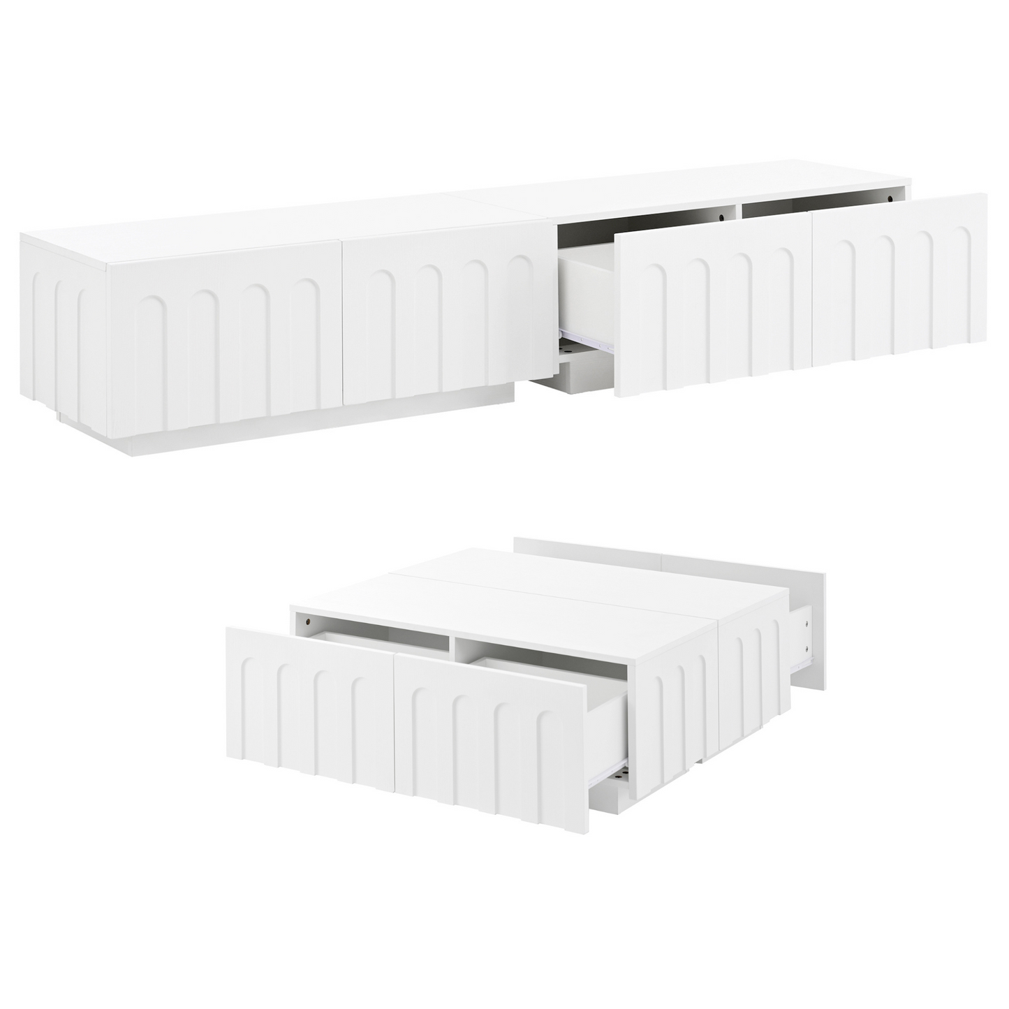 Modern TV Stand and Coffee Table Set with drawers open, revealing spacious hidden storage compartments in sleek white design.