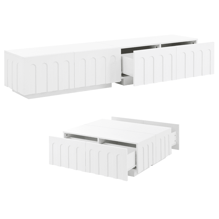 Modern TV Stand and Coffee Table Set with drawers open, revealing spacious hidden storage compartments in sleek white design.