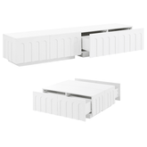 Modern TV Stand and Coffee Table Set with drawers open, revealing spacious hidden storage compartments in sleek white design.