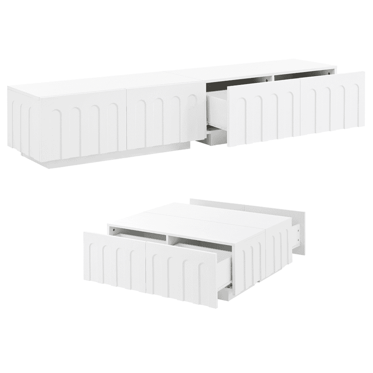 Modern TV Stand and Coffee Table Set with drawers open, revealing spacious hidden storage compartments in sleek white design.
