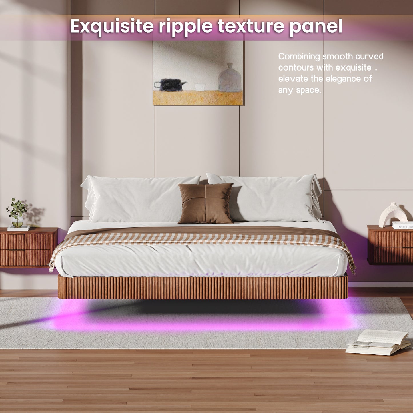 King floating bed frame with LED lights and ripple texture walnut panel, enhancing bedroom elegance with soft purple lighting.
