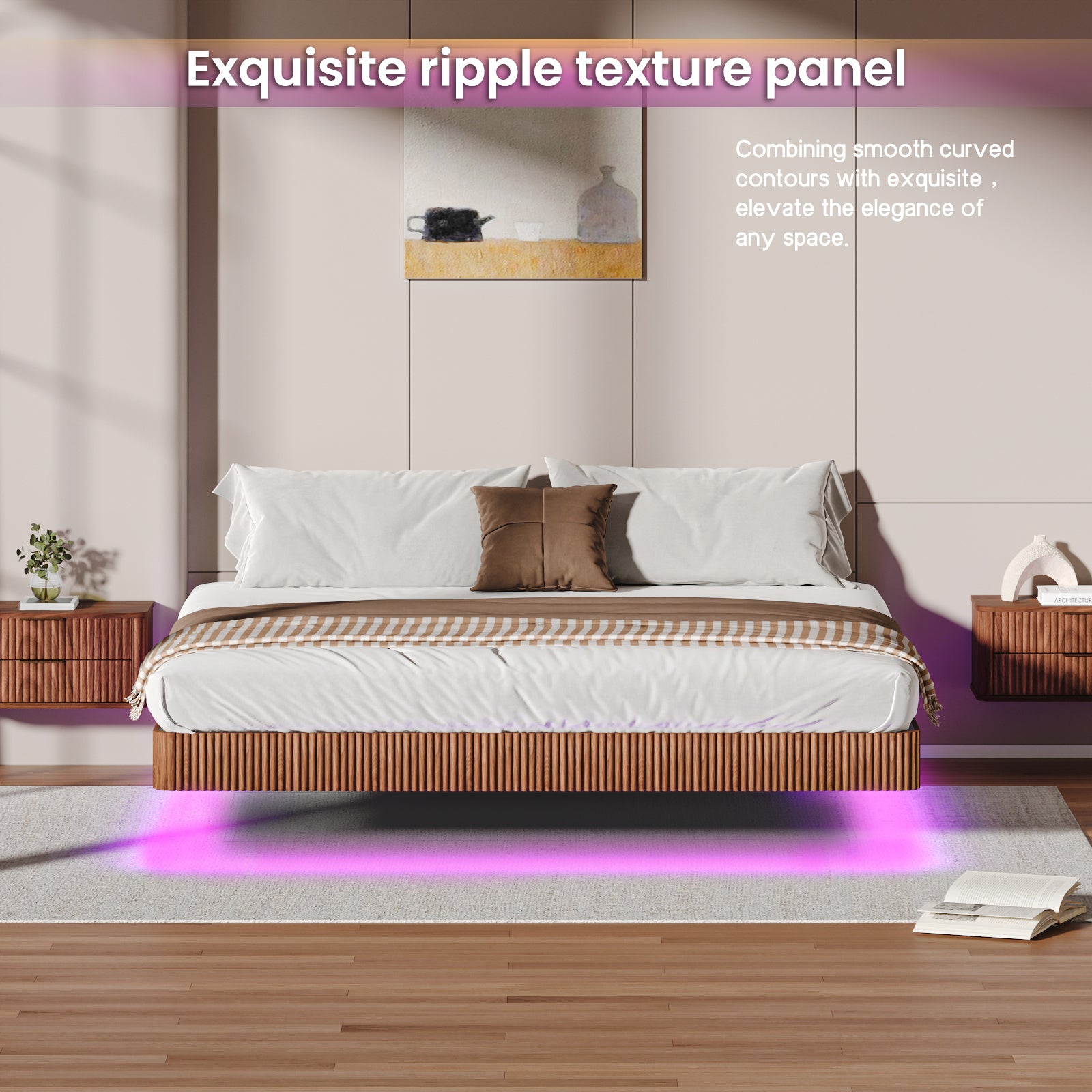 King floating bed frame with LED lights and ripple texture walnut panel, enhancing bedroom elegance with soft purple lighting.
