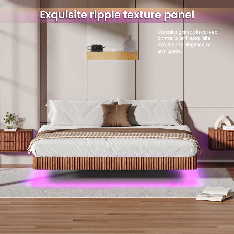 King floating bed frame with LED lights and ripple texture walnut panel, enhancing bedroom elegance with soft purple lighting.