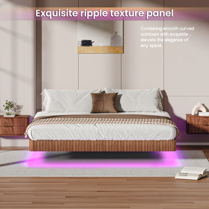 King floating bed frame with LED lights and ripple texture walnut panel, enhancing bedroom elegance with soft purple lighting.