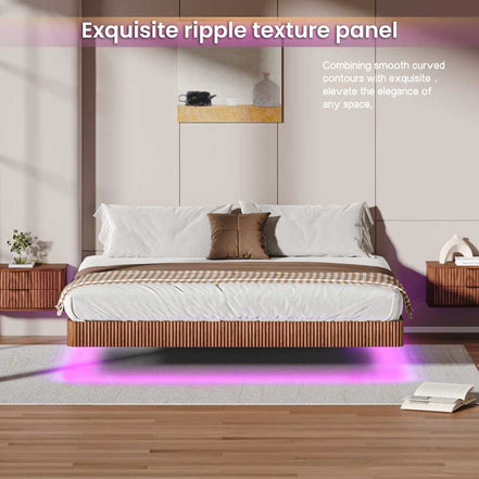 King floating bed frame with LED lights and ripple texture walnut panel, enhancing bedroom elegance with soft purple lighting.