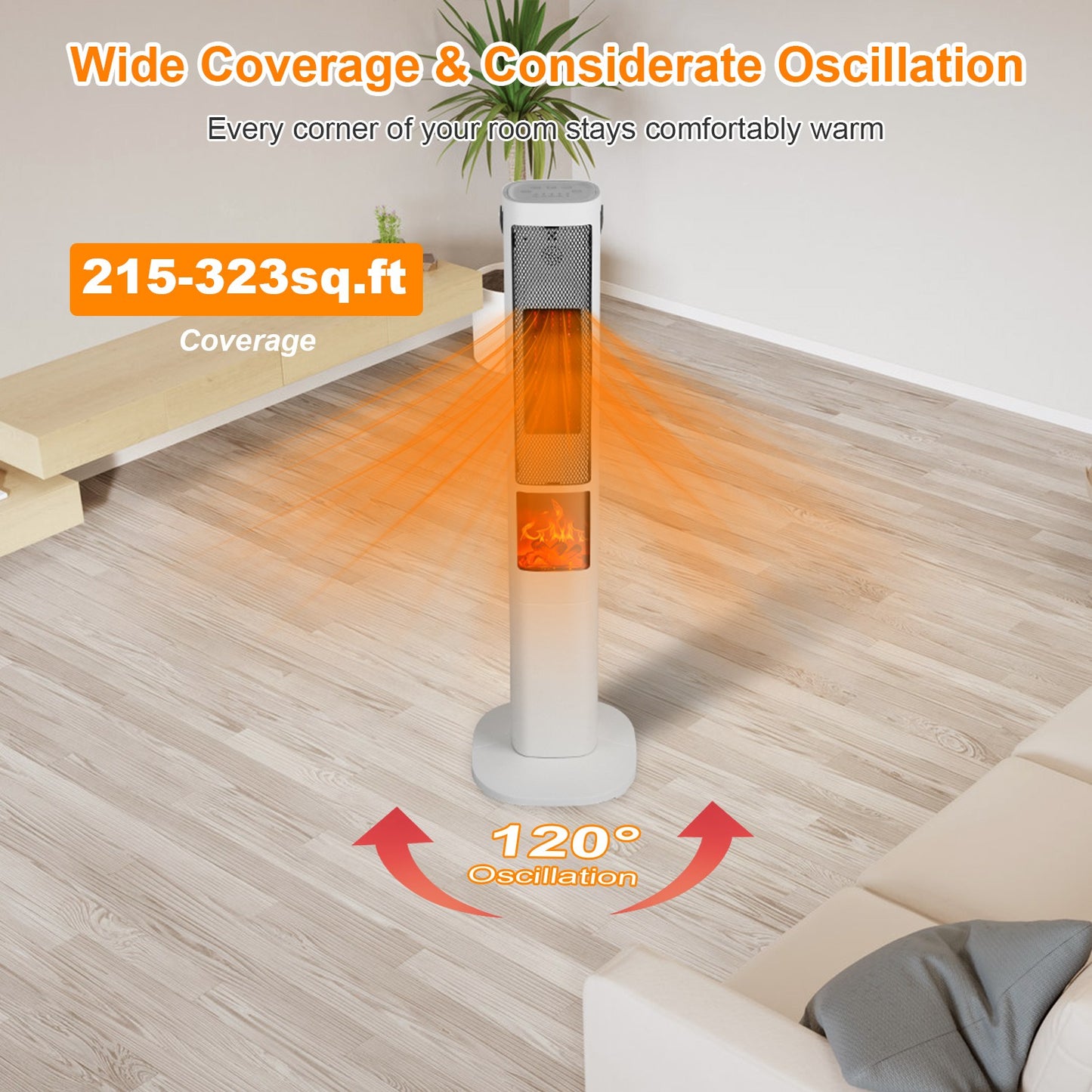 Fast Heating Oscillating Space Heater - 120° Wide Angle 30% Faster Warmth, 3D Flame, 5 Timer & Remote Control, Safe Quiet Heater for Bedroom Office