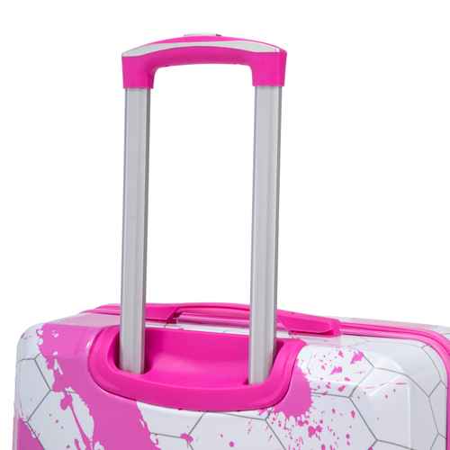 Close-up of pink and white printed spinner suitcase handle with silver lock, showing pink splash design and wheels on airport floor