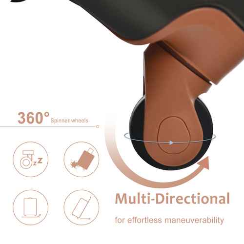 Close-up of a brown 360-degree spinner wheel on a travel luggage, demonstrating effortless maneuverability and multi-directional movement