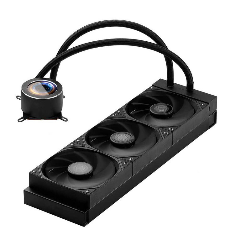 Computer cooling system with multiple fans and a pump on a white background