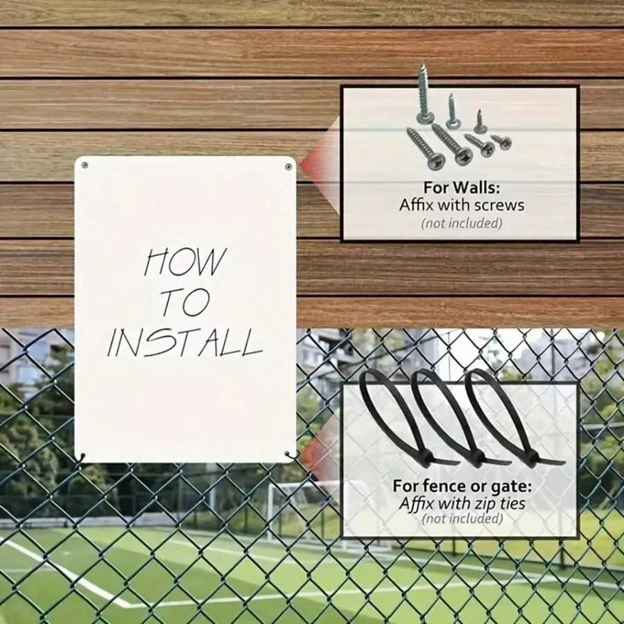 Instructions for installing a product on walls and fences with visible text and icons.