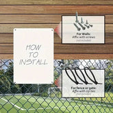 Instructions for installing a product on walls and fences with visible text and icons.