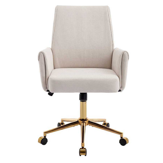 Ergonomic mid-back office chair in white corduroy with golden base, ideal for modern office furniture setups and lumbar support.