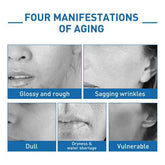 Black and white images of aging skin showing wrinkles and sagging, with labels indicating skin issues like dullness, dryness, and vulnerability