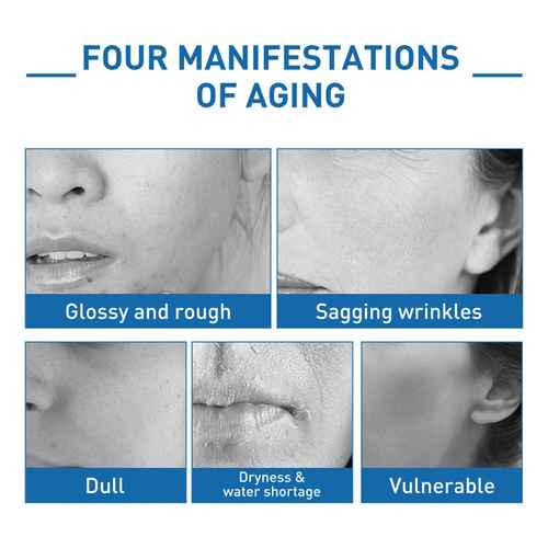 Black and white images of aging skin showing wrinkles and sagging, with labels indicating skin issues like dullness, dryness, and vulnerability