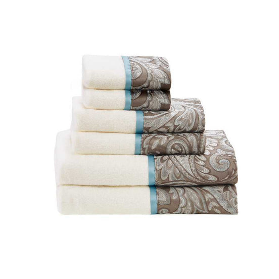 Stacked 6 Piece Jacquard Towel Set in beige with taupe paisley border and blue trim, made from 100% cotton and OEKO-TEX certified.