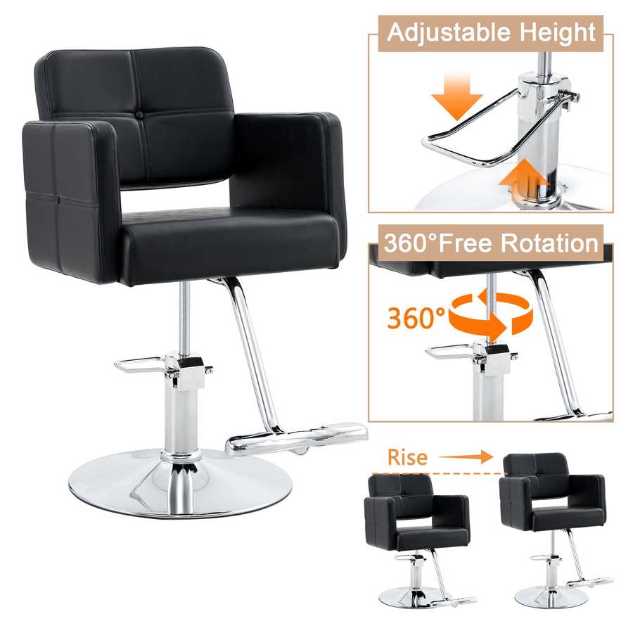 Black salon chair with sturdy chrome pedestal and armrests