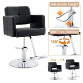 Black salon chair with sturdy chrome pedestal and armrests
