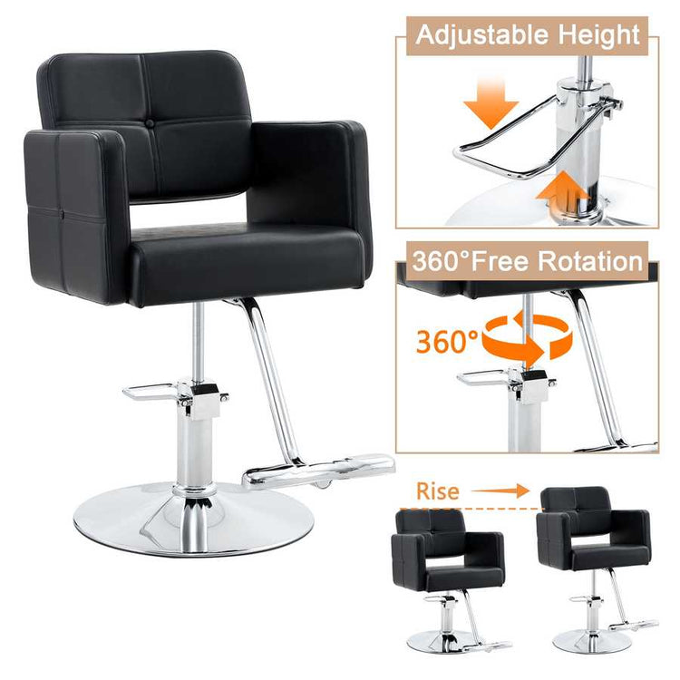 Black salon chair with sturdy chrome pedestal and armrests