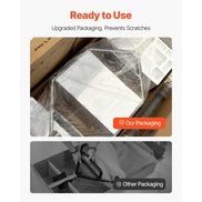Packaged product with clear plastic wrap on a white background, featuring text about upgraded packaging.