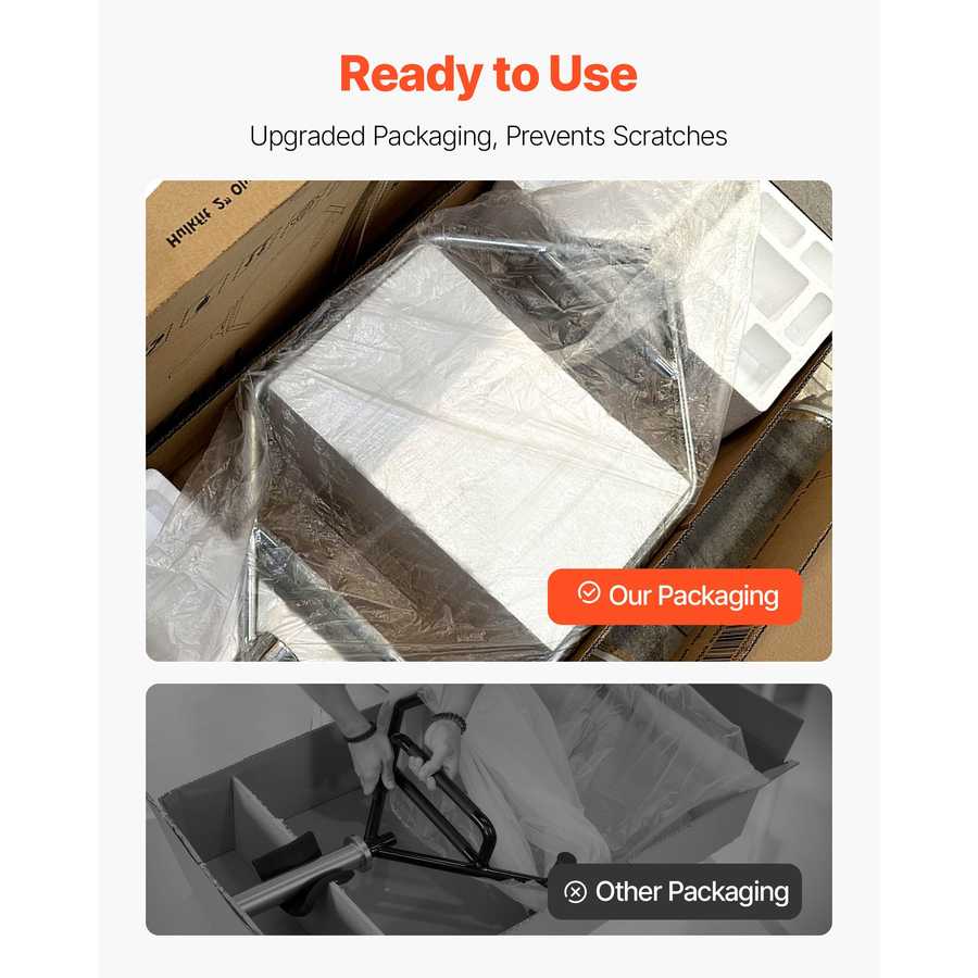 Packaged product with clear plastic wrap on a white background, featuring text about upgraded packaging.