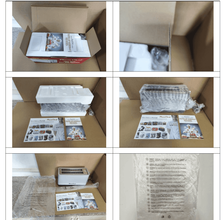 Unboxing of PlumChef 4-Slice Toaster with Wide Slots - includes toaster, manuals, and protective packaging for safe delivery and setup.