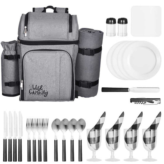 Grey picnic backpack with cooler compartment, plates, utensils, and wine glasses for outdoor dining