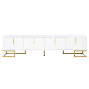 Front view of modern white and gold TV stand with four cabinet doors and gold base, ideal for upscale interiors.