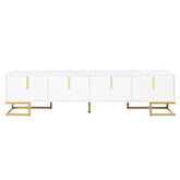 Front view of modern white and gold TV stand with four cabinet doors and gold base, ideal for upscale interiors.