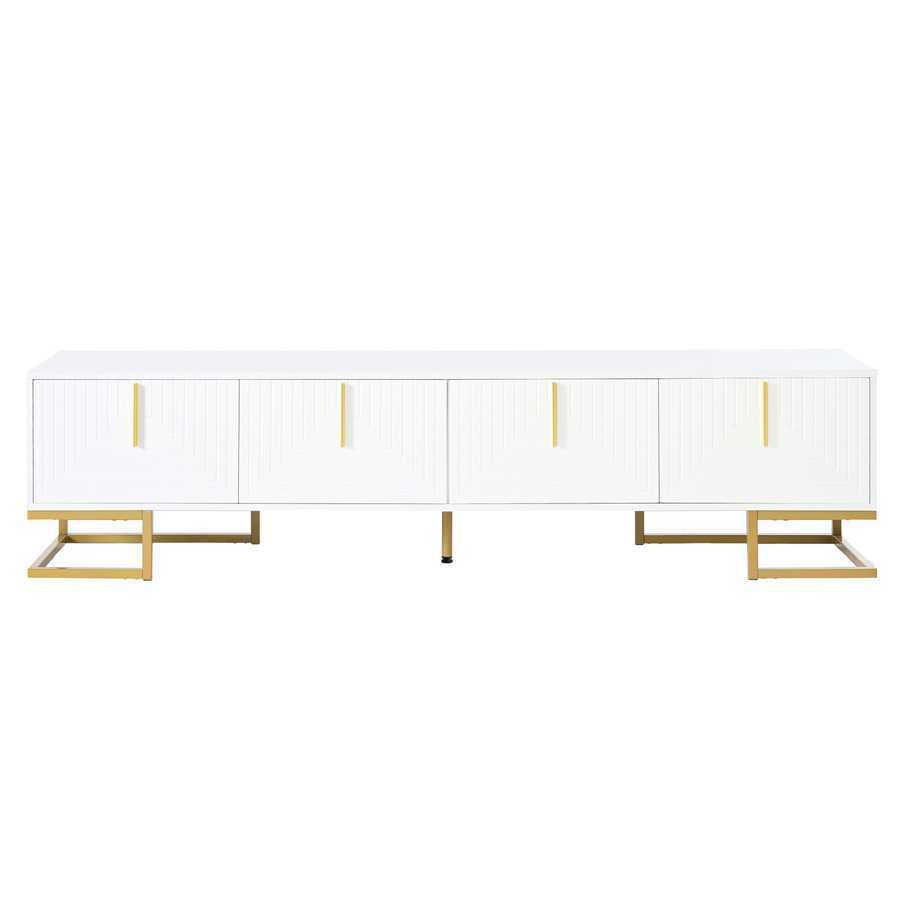 Front view of modern white and gold TV stand with four cabinet doors and gold base, ideal for upscale interiors.