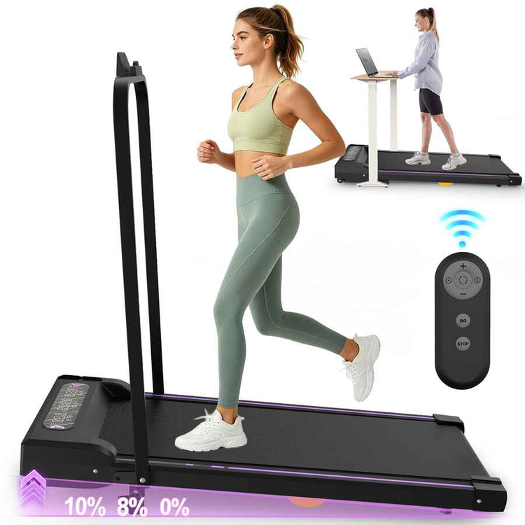 Woman walking on a foldable treadmill with a standing desk, demonstrating space-saving design for home office fitness