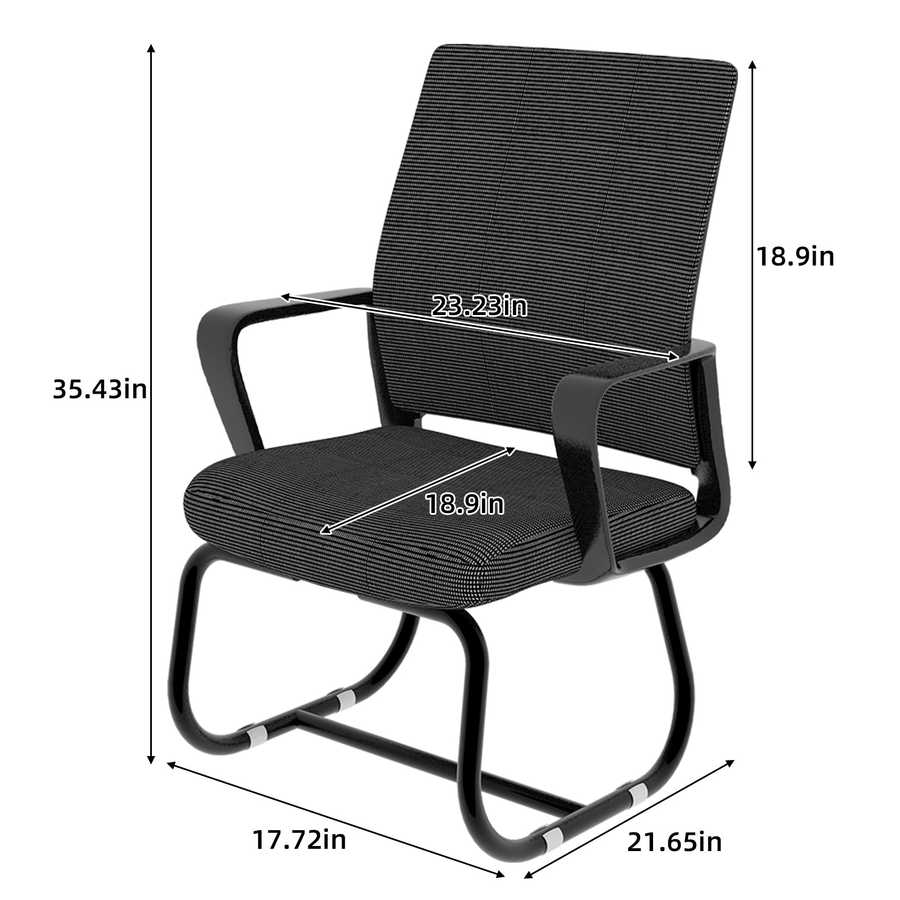 Black office chair with dimensions marked on a white background