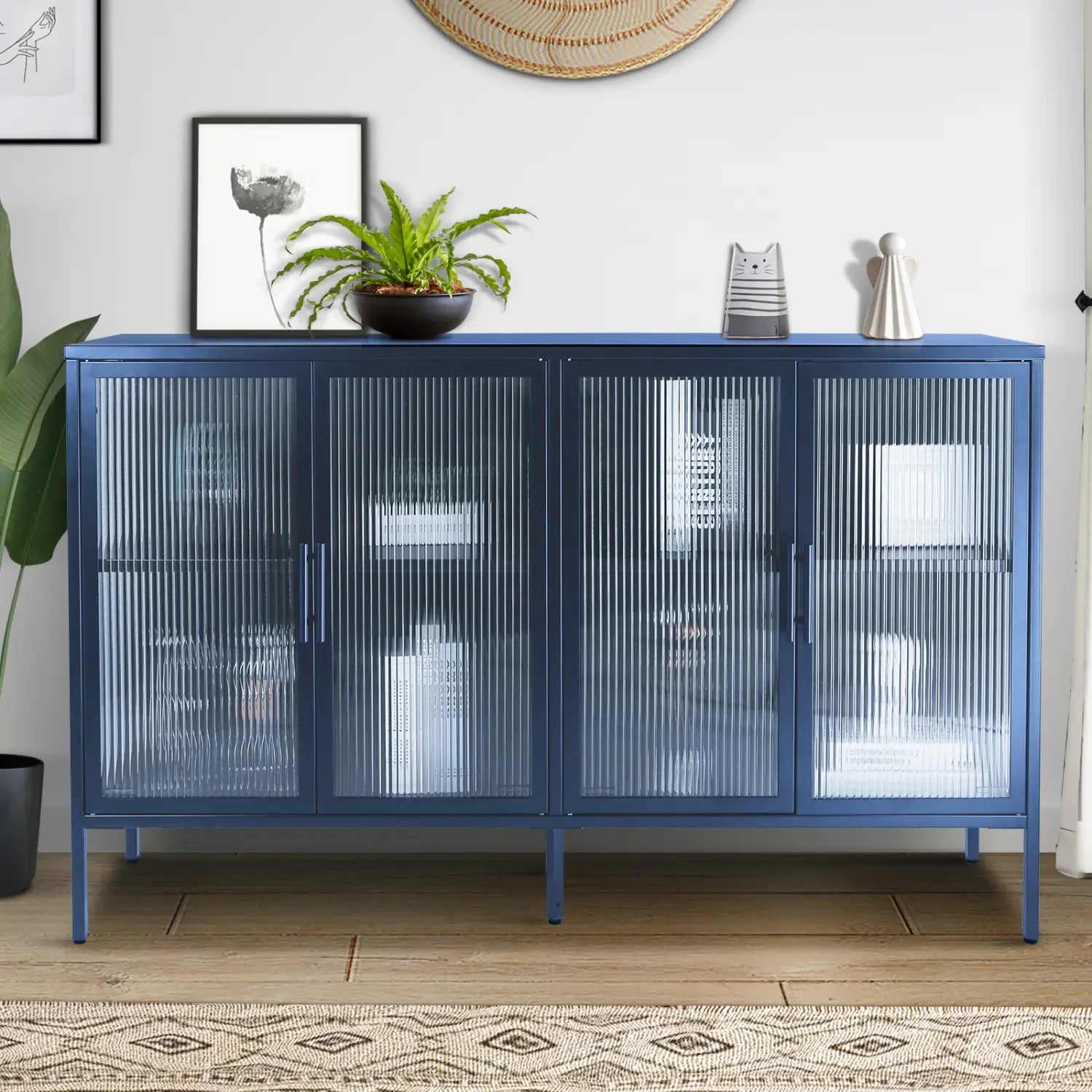 Stylish 4-Door Tempered Glass Cabinet with 4 Glass Doors Adjustable Shelf and Feet Anti-Tip Dust-free Fluted Glass