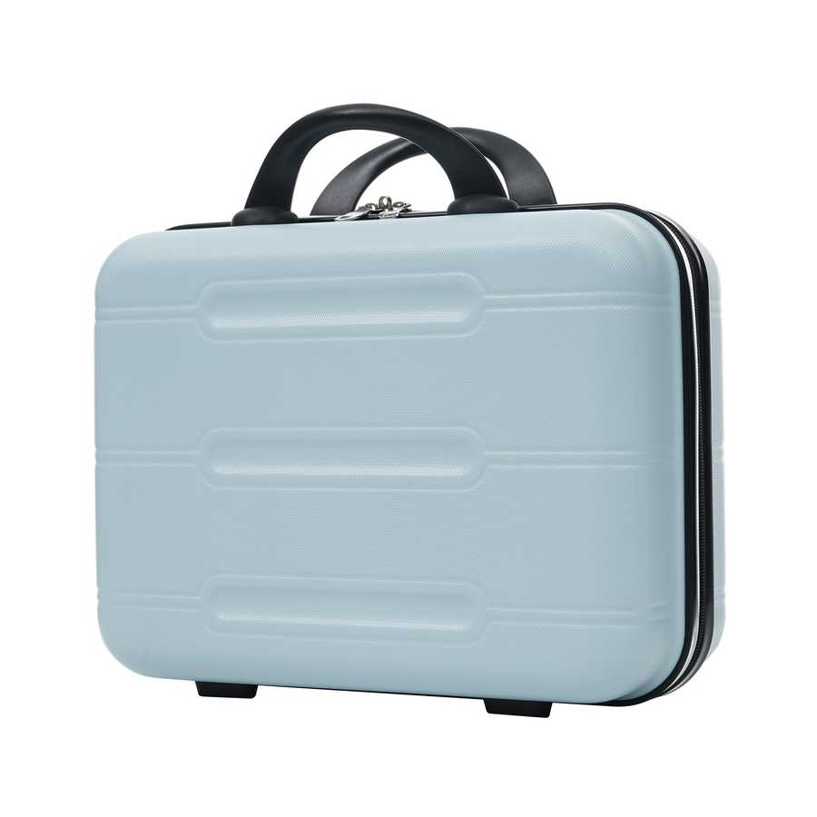 Light blue makeup case with black handle on a white background
