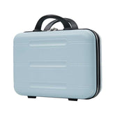 Light blue makeup case with black handle on a white background