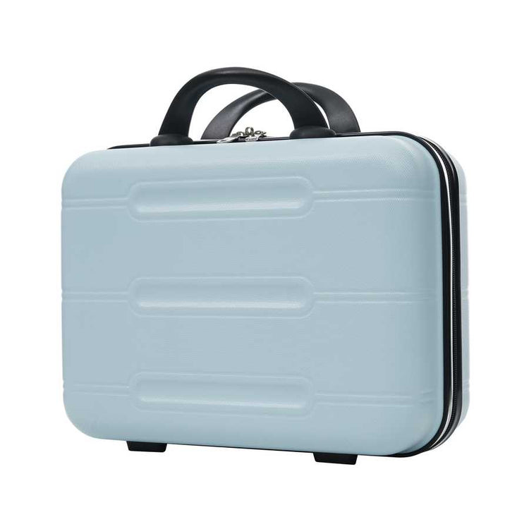 Light blue makeup case with black handle on a white background