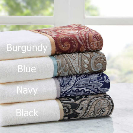 Color options for 6 Piece Jacquard Towel Set shown in burgundy, blue, navy, and black with paisley borders and soft cotton fabric.