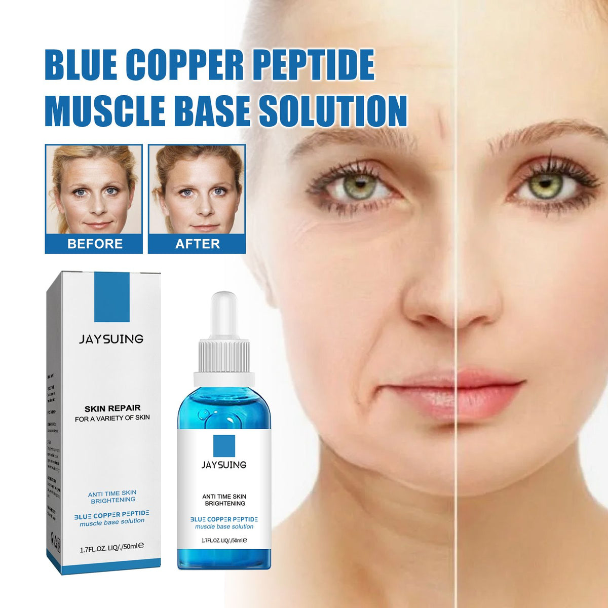 Close-up of a woman’s face with a split image showing improved skin texture and brightness after using Blue Copper Peptide Muscle Base Solution
