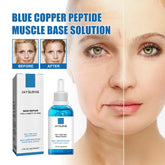 Close-up of a woman’s face with a split image showing improved skin texture and brightness after using Blue Copper Peptide Muscle Base Solution