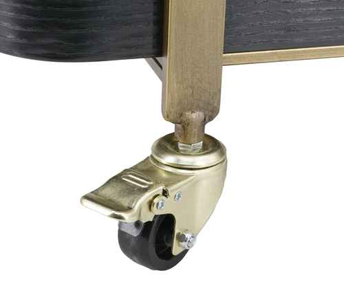 Gold-finished caster wheel on metal bar cart with black shelves, sturdy construction, ideal for serving or display purposes