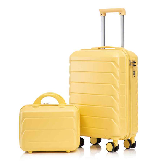Yellow ABS spinner luggage set with 14-inch carry-on suitcase and matching cosmetic case, featuring durable hard shell and four wheels