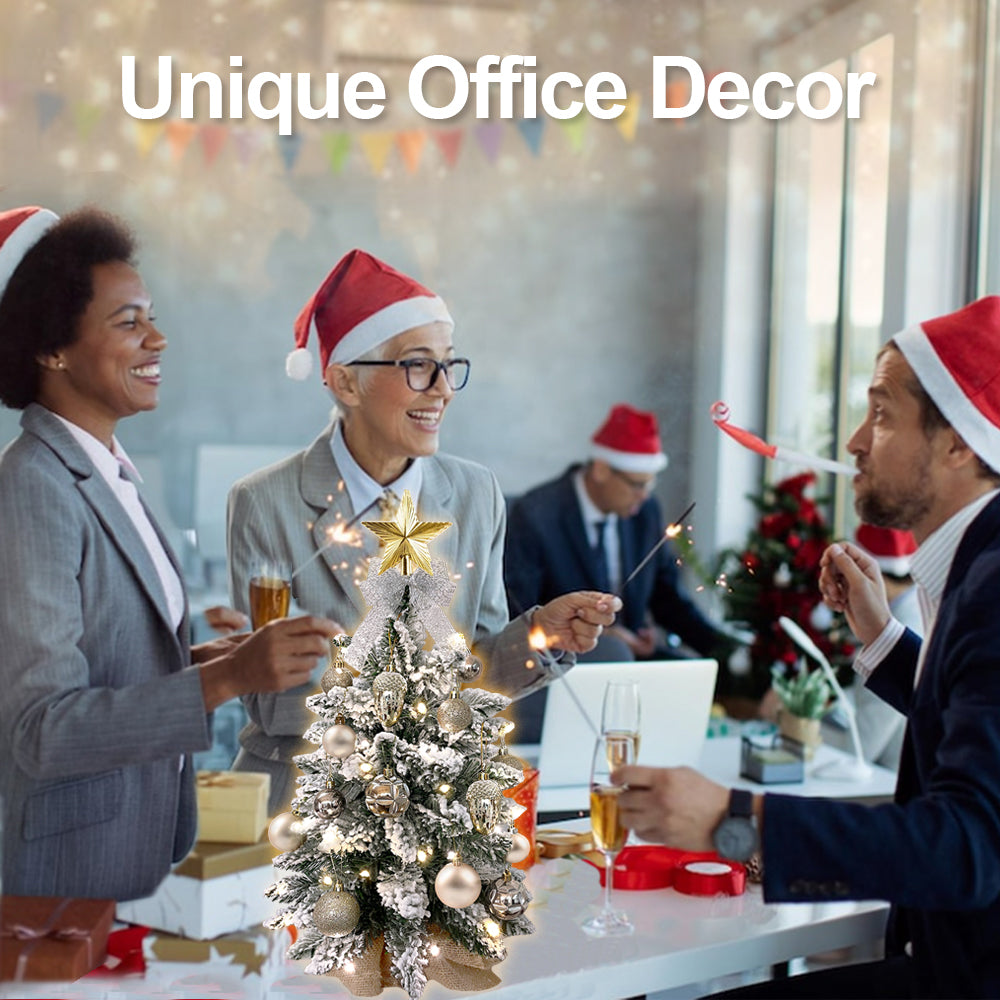 22in Mini Christmas Tree with Lights, Rose Gold Artificial Small Tabletop Christmas Tree with Flocked Snow, Exquisite Decor & Xmas Decorations for Table Top for Home & Office