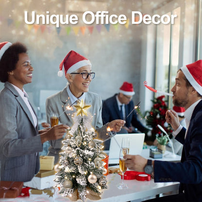 22in Mini Christmas Tree with Lights, Rose Gold Artificial Small Tabletop Christmas Tree with Flocked Snow, Exquisite Decor & Xmas Decorations for Table Top for Home & Office