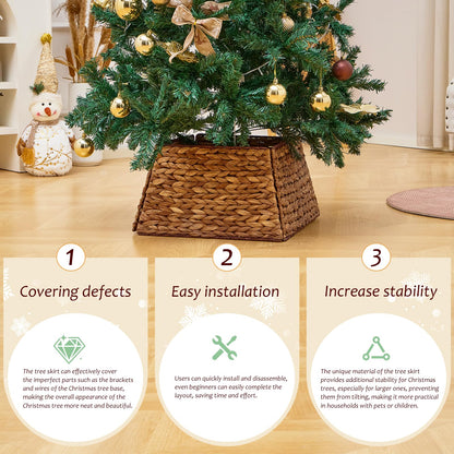 Close-up of Hyacinth Wicker Christmas Tree Skirt showing benefits like defect coverage, easy installation, and added tree stability.