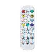 Remote control for lighted curio cabinet featuring color, brightness, and timer settings for customizable LED lighting.