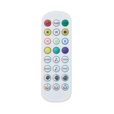 Remote control for lighted curio cabinet featuring color, brightness, and timer settings for customizable LED lighting.