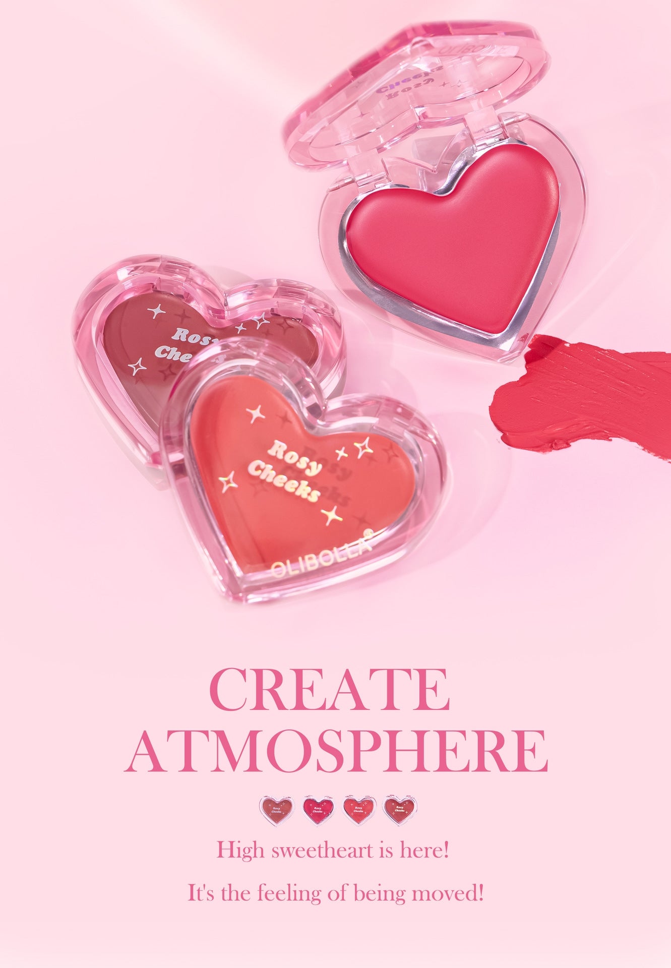 Heart-shaped blush compact with pink blush and open case on a pink background, featuring text &
