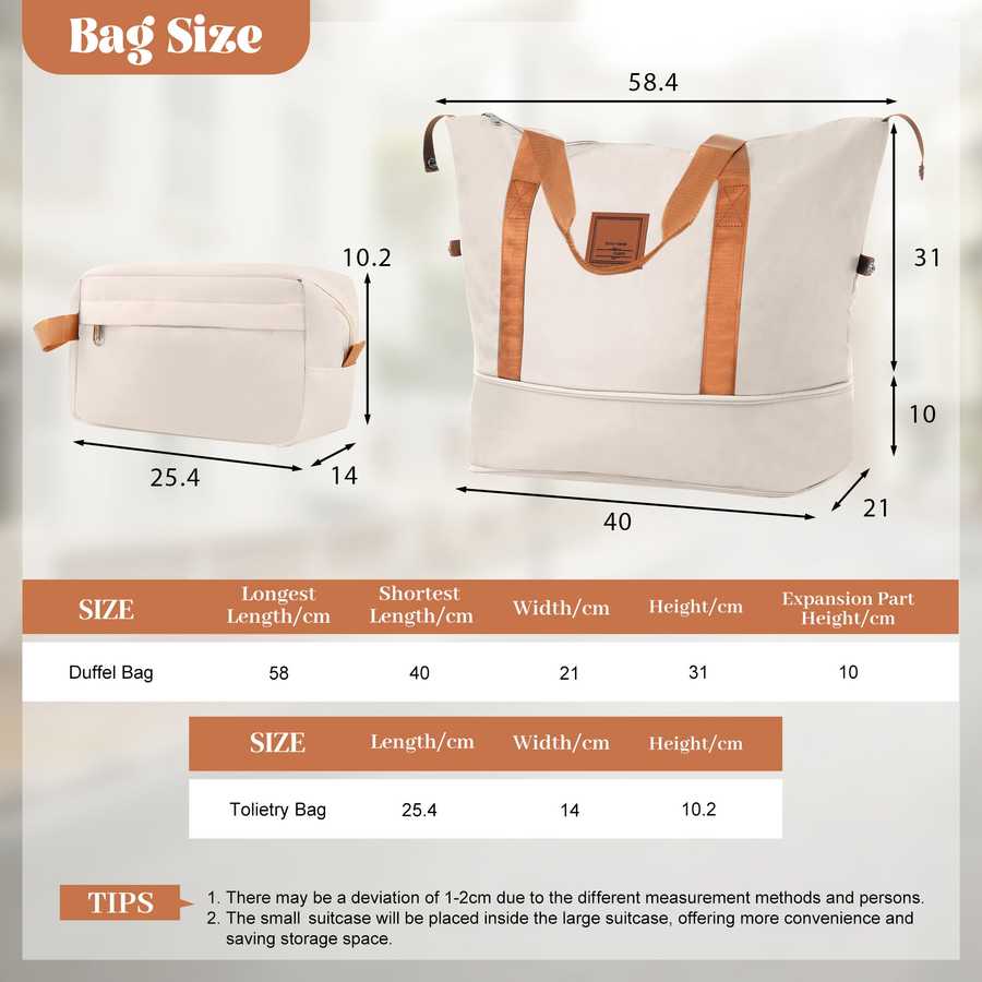 Measurement chart for duffel bags and toiletry bags with dimensions.