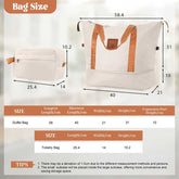 Measurement chart for duffel bags and toiletry bags with dimensions.