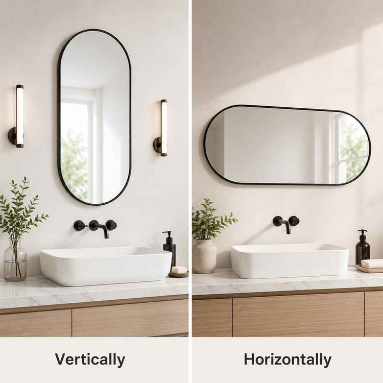 Bathroom vanity setup with oval mirrors, lights, and plants on a neutral background.