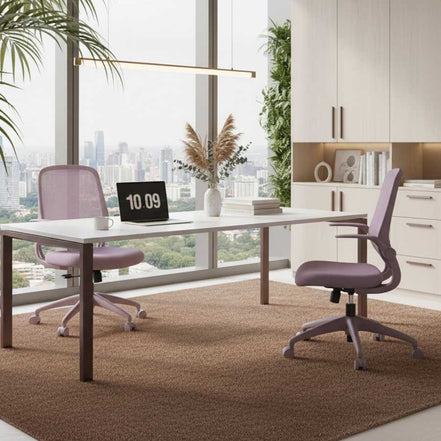 Modern office setup with a desk, chairs, and city view